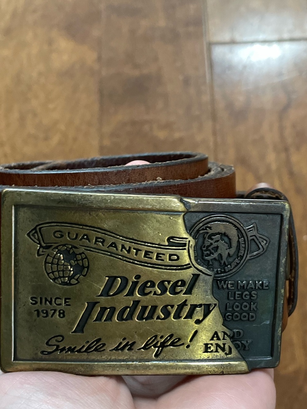 Diesel Industry Brown Leather Belt with Branded Brass Buckle
